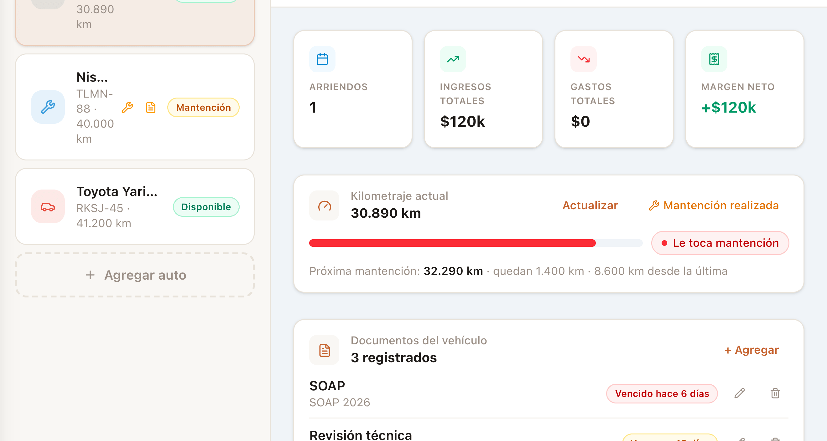 Documentos del auto con vencimientos y semáforo de mantención