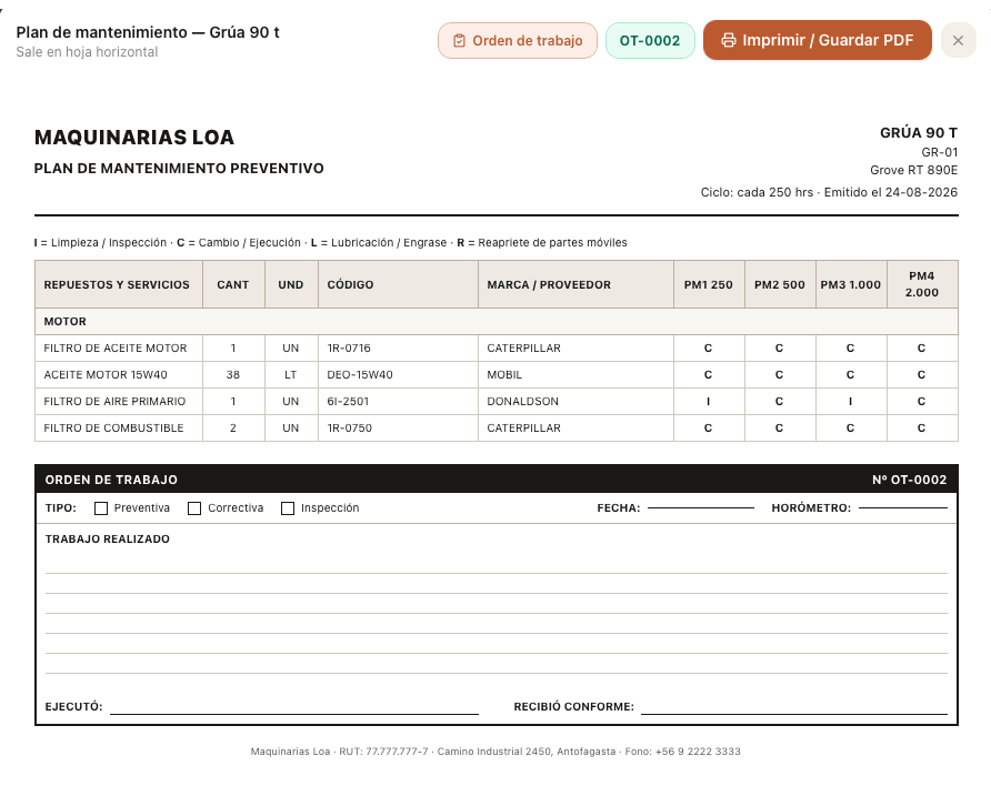 Orden de trabajo OT-0002 emitida, con su correlativo en la hoja y en el sistema